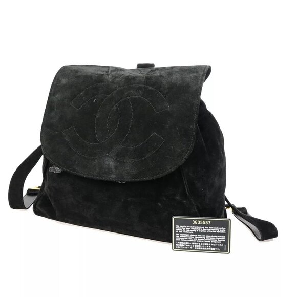 CHANEL CC Logo Chain Backpack Bag Suede Leather Black GHW Vintage - Picture 1 of 16
